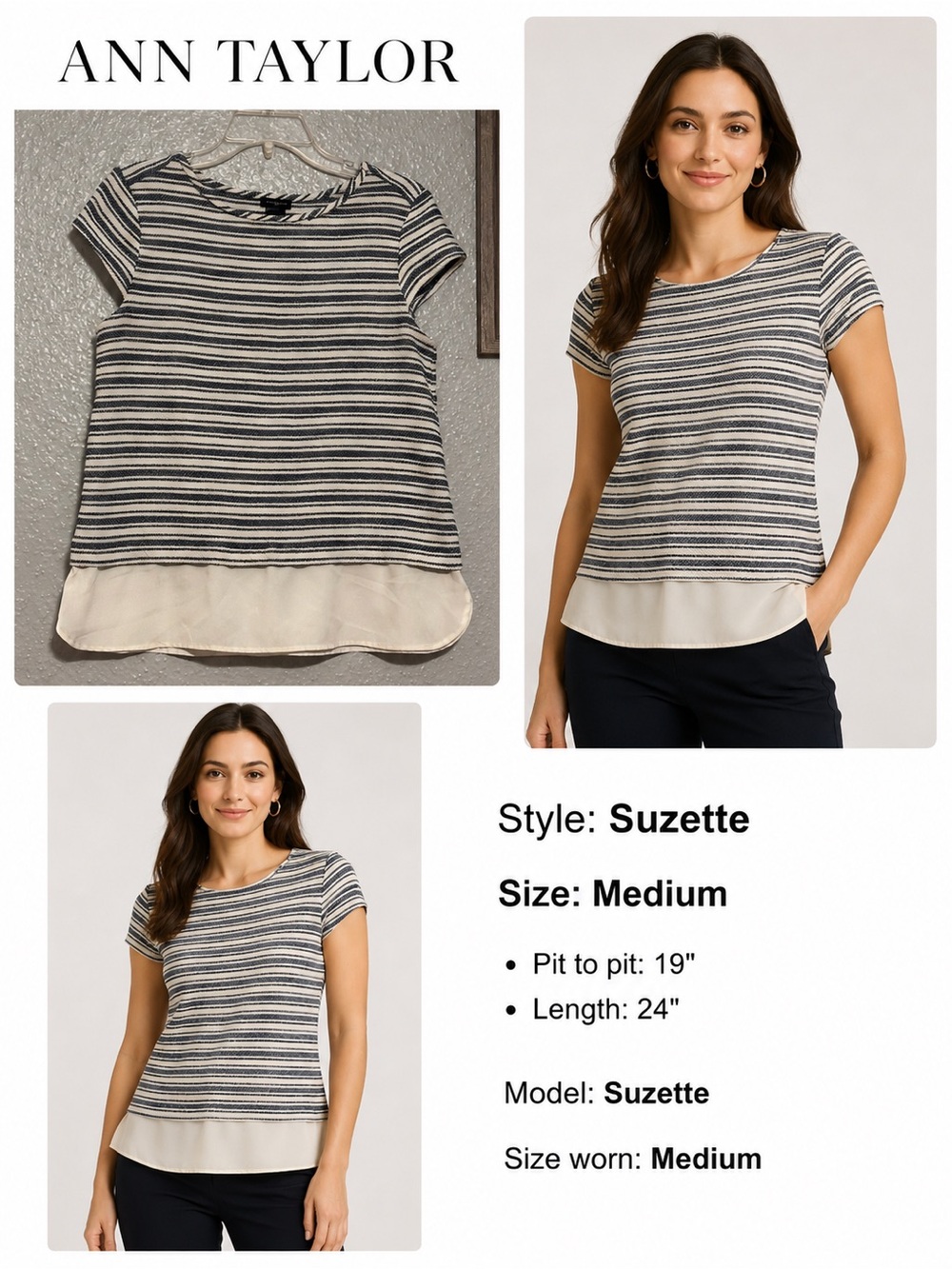 Ann Taylor Navy and White Striped Short-Sleeve Top with Cream Hem